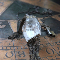 The Key Necklace with Unique Clear Quartz Pendant and Antique Padlock Key