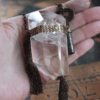 The Key Necklace with Unique Clear Quartz Pendant and Antique Padlock Key