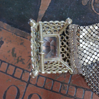 SOLD to J Antique Mesh Bracelet with Amazing Emerald Cut Faceted Rock Crystal Closure and Antique French Bullion Trim