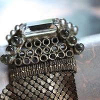 SOLD to J Antique Mesh Bracelet with Amazing Emerald Cut Faceted Rock Crystal Closure and Antique French Bullion Trim