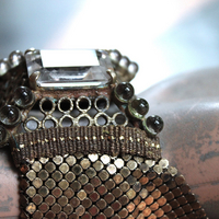 SOLD to J Antique Mesh Bracelet with Amazing Emerald Cut Faceted Rock Crystal Closure and Antique French Bullion Trim