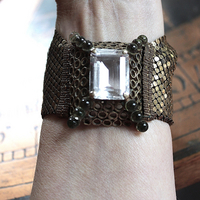 SOLD to J Antique Mesh Bracelet with Amazing Emerald Cut Faceted Rock Crystal Closure and Antique French Bullion Trim