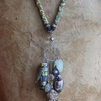 The Astonishing Light Necklace with Braided Antique Kantha Chain,Antique Faceted Pools of Light Connector, Tiny Quartz Point Vessel,Quartz Drop,Peruvian Opal Stone++