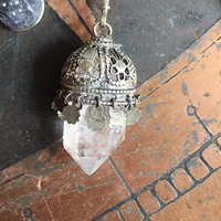 The Astonishing Light Necklace with Braided Antique Kantha Chain,Antique Faceted Pools of Light Connector, Tiny Quartz Point Vessel,Quartz Drop,Peruvian Opal Stone++