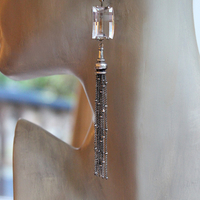 NEW! OOAK Antique Step Faceted Rock Crystal & Pave Natural Diamond Post Earrings with Sterling Tassels