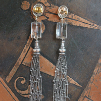 NEW! OOAK Antique Step Faceted Rock Crystal & Pave Natural Diamond Post Earrings with Sterling Tassels