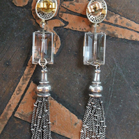 NEW! OOAK Antique Step Faceted Rock Crystal & Pave Natural Diamond Post Earrings with Sterling Tassels