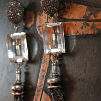NEW! OOAK Antique Step Faceted Rock Crystal & Pave Natural Diamond Post Earrings with Sterling Tassels