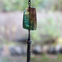 SOLD TO D Checkerboard Faceted Barrel Cut Bi-Color Tourmaline Necklace with Sterling Bead Point Chain Tassel & Chain