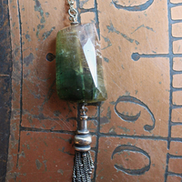 SOLD TO D Checkerboard Faceted Barrel Cut Bi-Color Tourmaline Necklace with Sterling Bead Point Chain Tassel & Chain