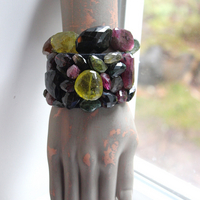 Reserved for D Faceted Tourmaline Cuff Bracelet Set with Super Rare Faceted Canary Yellow & Multiple Checkerboard Faceted Tourmaline Stones , Butter Soft Premium Black Suede Leather