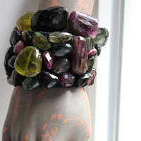 Reserved for D Faceted Tourmaline Cuff Bracelet Set with Super Rare Faceted Canary Yellow & Multiple Checkerboard Faceted Tourmaline Stones , Butter Soft Premium Black Suede Leather