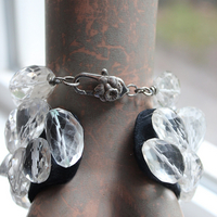 NEW! Faceted Rock Quartz Crystal Cuff Bracelet Set with Highly Faceted Stones, Premium Black Leather and Sterling Clasp