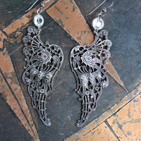 NEW! You Have Wings Earrings with Antique Intricate Sterling Wings,Antique Bezel Set Faceted Crystal Connectors,Sterling Earring Hooks