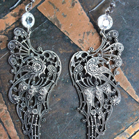 NEW! You Have Wings Earrings with Antique Intricate Sterling Wings,Antique Bezel Set Faceted Crystal Connectors,Sterling Earring Hooks
