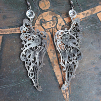 NEW! You Have Wings Earrings with Antique Intricate Sterling Wings,Antique Bezel Set Faceted Crystal Connectors,Sterling Earring Hooks