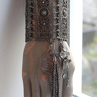 SOLD to L Put on the Whole Armor of God Bracelet w/Antique Etruscan Panels, Rare 1870 Henry Beecher Medal,Rare Antique Cut Steel Tassel, French Sword & Cross Medals & Bezel Set Crystals