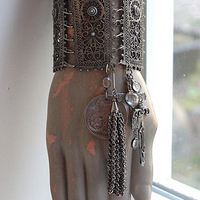 SOLD to L Put on the Whole Armor of God Bracelet w/Antique Etruscan Panels, Rare 1870 Henry Beecher Medal,Rare Antique Cut Steel Tassel, French Sword & Cross Medals & Bezel Set Crystals