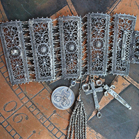 SOLD to L Put on the Whole Armor of God Bracelet w/Antique Etruscan Panels, Rare 1870 Henry Beecher Medal,Rare Antique Cut Steel Tassel, French Sword & Cross Medals & Bezel Set Crystals