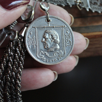 SOLD to L Put on the Whole Armor of God Bracelet w/Antique Etruscan Panels, Rare 1870 Henry Beecher Medal,Rare Antique Cut Steel Tassel, French Sword & Cross Medals & Bezel Set Crystals