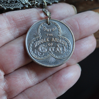 SOLD to L Put on the Whole Armor of God Bracelet w/Antique Etruscan Panels, Rare 1870 Henry Beecher Medal,Rare Antique Cut Steel Tassel, French Sword & Cross Medals & Bezel Set Crystals