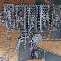 SOLD to L Put on the Whole Armor of God Bracelet w/Antique Etruscan Panels, Rare 1870 Henry Beecher Medal,Rare Antique Cut Steel Tassel, French Sword & Cross Medals & Bezel Set Crystals