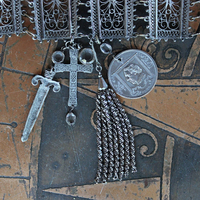 SOLD to L Put on the Whole Armor of God Bracelet w/Antique Etruscan Panels, Rare 1870 Henry Beecher Medal,Rare Antique Cut Steel Tassel, French Sword & Cross Medals & Bezel Set Crystals