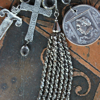 SOLD to L Put on the Whole Armor of God Bracelet w/Antique Etruscan Panels, Rare 1870 Henry Beecher Medal,Rare Antique Cut Steel Tassel, French Sword & Cross Medals & Bezel Set Crystals