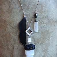 Inner Power Necklace with Rare Small Selenite Tower,Raven Feather,Hand Stitched Seed Beads & Embroidered Crescent Moons++