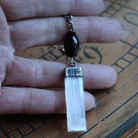 Inner Power Necklace with Rare Small Selenite Tower,Raven Feather,Hand Stitched Seed Beads & Embroidered Crescent Moons++