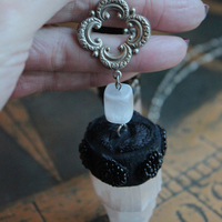 Inner Power Necklace with Rare Small Selenite Tower,Raven Feather,Hand Stitched Seed Beads & Embroidered Crescent Moons++