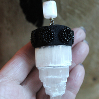 Inner Power Necklace with Rare Small Selenite Tower,Raven Feather,Hand Stitched Seed Beads & Embroidered Crescent Moons++