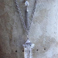 SOLD to J  AAA Faceted Rock Crystal Necklace Set with Double Terminated Rock Crystal Point,Tiny Faceted Rock Crystal Briolettes,Solid Sterling Chain