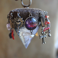 Cosmic Journey Necklace with Amazing Pyramid Rock Crystal Point, Distressed Leather Cap, Multiple Unique Dangles