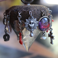 Cosmic Journey Necklace with Amazing Pyramid Rock Crystal Point, Distressed Leather Cap, Multiple Unique Dangles