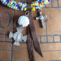Work, Honesty, Devotion, Purity Necklace & Bracelet Set w/Amazing 1899 Sacred Heart 4 Way Cross,Antique Seed Bead Connectors,4 Sterling Crosses++