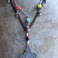 Work, Honesty, Devotion, Purity Necklace & Bracelet Set w/Amazing 1899 Sacred Heart 4 Way Cross,Antique Seed Bead Connectors,4 Sterling Crosses++