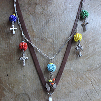 Work, Honesty, Devotion, Purity Necklace & Bracelet Set w/Amazing 1899 Sacred Heart 4 Way Cross,Antique Seed Bead Connectors,4 Sterling Crosses++