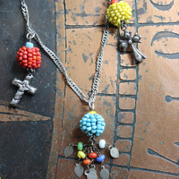 Work, Honesty, Devotion, Purity Necklace & Bracelet Set w/Amazing 1899 Sacred Heart 4 Way Cross,Antique Seed Bead Connectors,4 Sterling Crosses++
