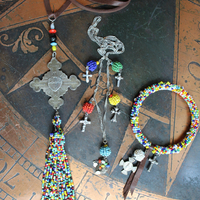 Work, Honesty, Devotion, Purity Necklace & Bracelet Set w/Amazing 1899 Sacred Heart 4 Way Cross,Antique Seed Bead Connectors,4 Sterling Crosses++