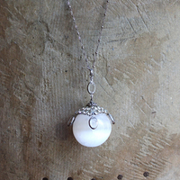 SOLD to J There is no Darkness Necklace with Polished Selenite Orb, Unique Antique Bezel Set Paste Cap, Bezel Set Oval Faceted Crystal Drops, Sterling Chain