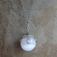 SOLD to J There is no Darkness Necklace with Polished Selenite Orb, Unique Antique Bezel Set Paste Cap, Bezel Set Oval Faceted Crystal Drops, Sterling Chain