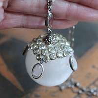 SOLD to J There is no Darkness Necklace with Polished Selenite Orb, Unique Antique Bezel Set Paste Cap, Bezel Set Oval Faceted Crystal Drops, Sterling Chain