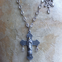 Peace to your Soul Necklace and Earring Set with Rare Marian Cross,Oval Bezel Set Faceted Crystal Chain & Drops, French Freres Scrolled Initial AM Medals