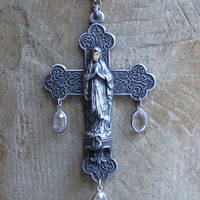 Peace to your Soul Necklace and Earring Set with Rare Marian Cross,Oval Bezel Set Faceted Crystal Chain & Drops, French Freres Scrolled Initial AM Medals