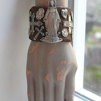 The Milagro Cuff Bracelet with Distressed Leather, 16 Antique & Vintage Crosses and Medals and Leather Tassel