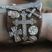 The Milagro Cuff Bracelet with Distressed Leather, 16 Antique & Vintage Crosses and Medals and Leather Tassel