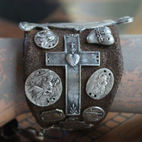 The Milagro Cuff Bracelet with Distressed Leather, 16 Antique & Vintage Crosses and Medals and Leather Tassel