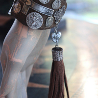 The Milagro Cuff Bracelet with Distressed Leather, 16 Antique & Vintage Crosses and Medals and Leather Tassel