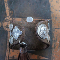 The Milagro Cuff Bracelet with Distressed Leather, 16 Antique & Vintage Crosses and Medals and Leather Tassel